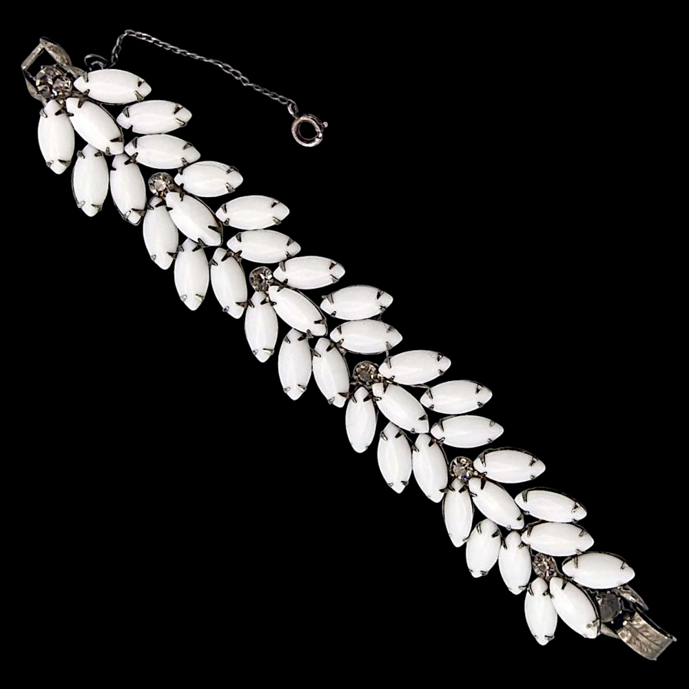 Vintage Wide Juliana Rhinestone Bracelet, Milk Glass Marquise and Glitzy Gray RS